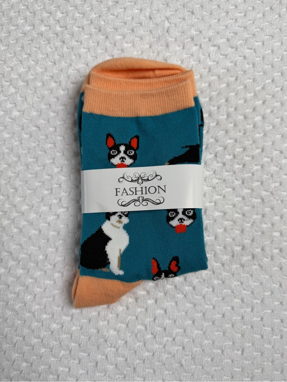 Teal Boston Terrier Dog Pattern Socks with Peach Accents‎ NWT